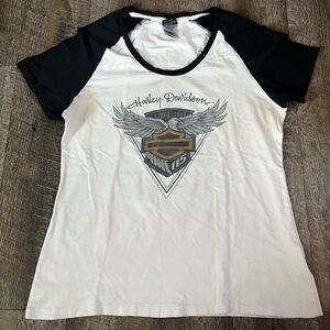 Harley-Davidson Y2K Women's Black And White‎ Baseball Tee Size XL